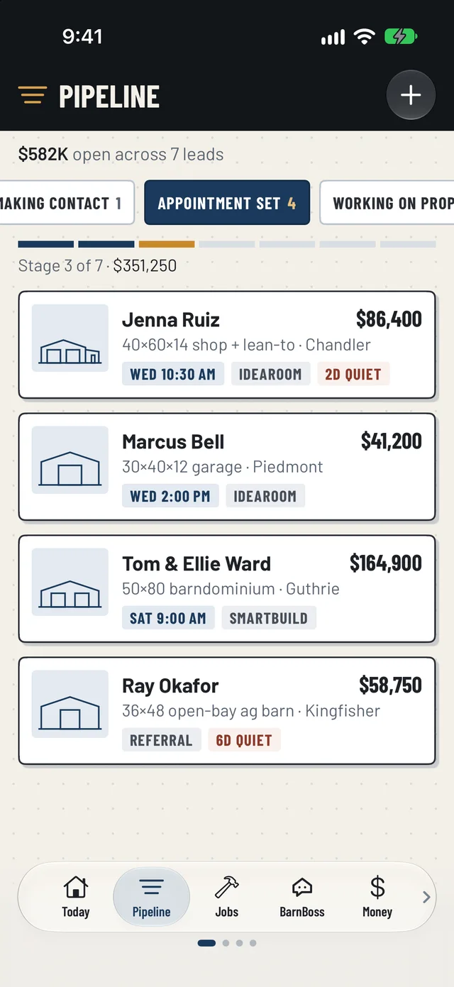 SmartBarn HQ Pipeline: leads by stage with value and next appointment