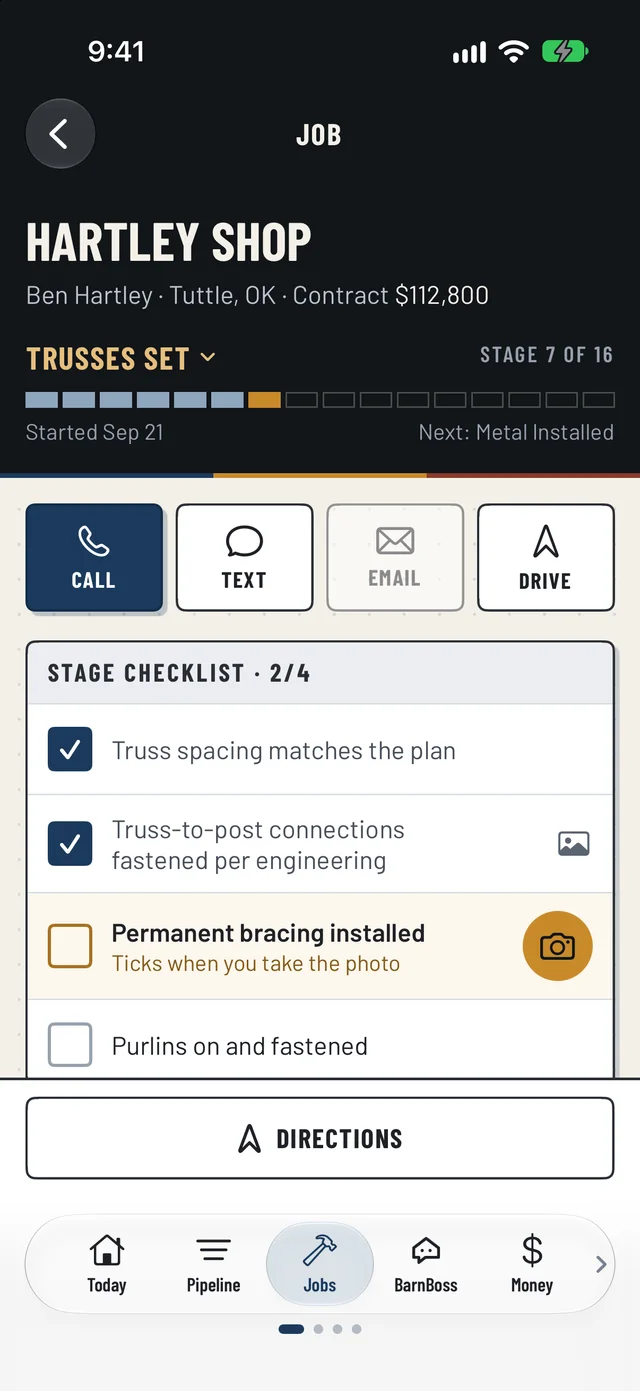 A job in SmartBarn HQ: stage progress and the stage checklist with photo proof