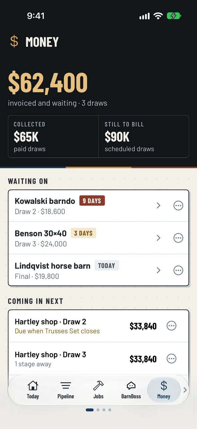 SmartBarn HQ Money: draws invoiced and waiting, collected and still to bill