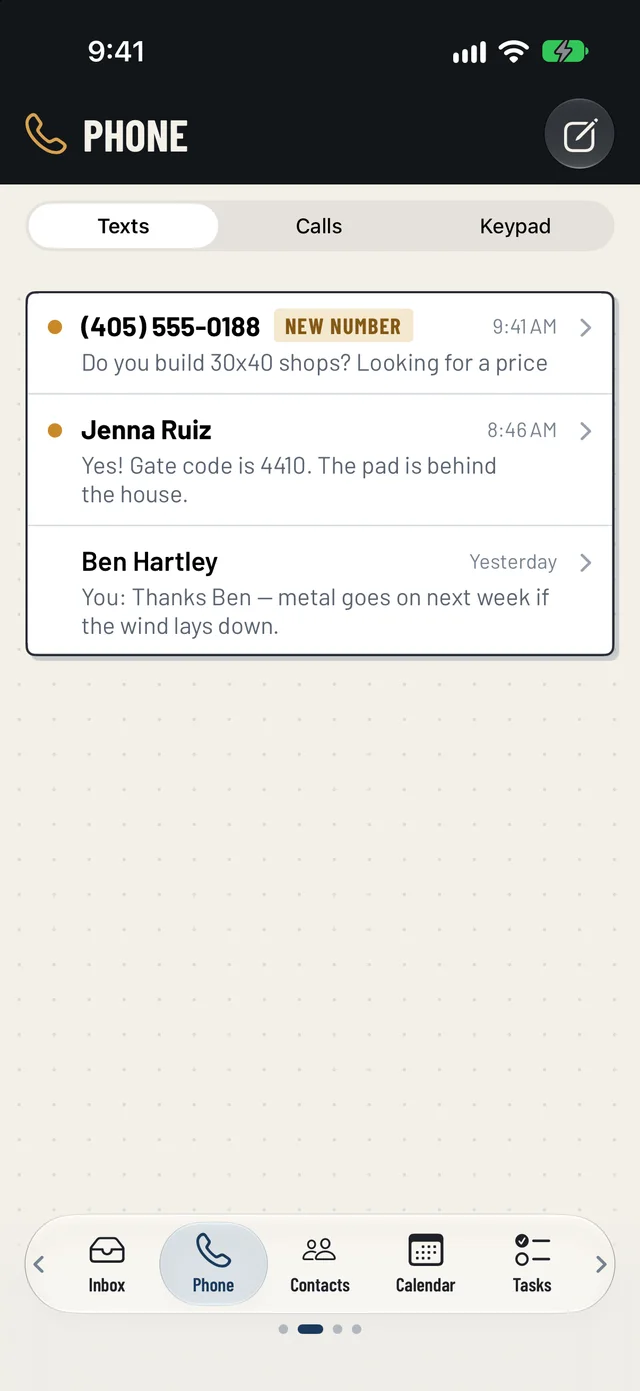 SmartBarn HQ Phone: texts with customers on the business number